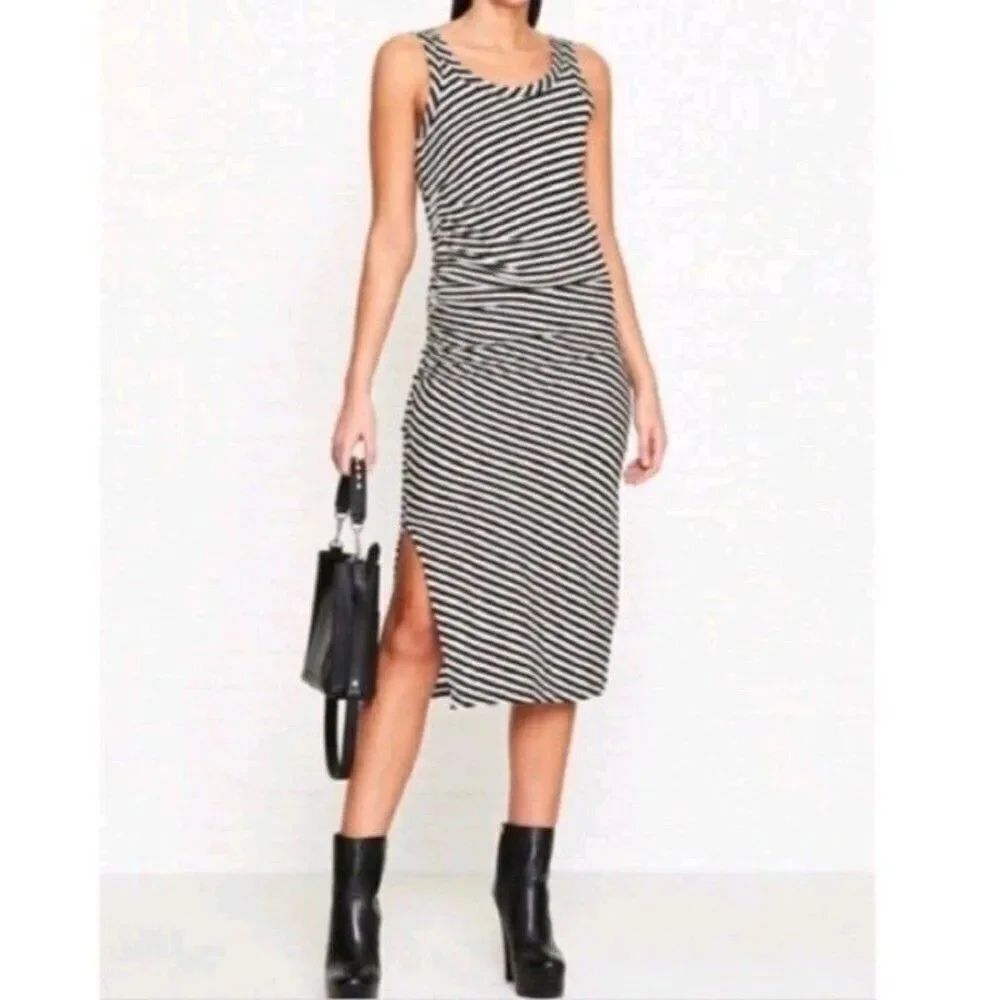 All Saints Tina T-Shirt Dress Size L Stripe Black Sleeveless Side-Slits Cotton